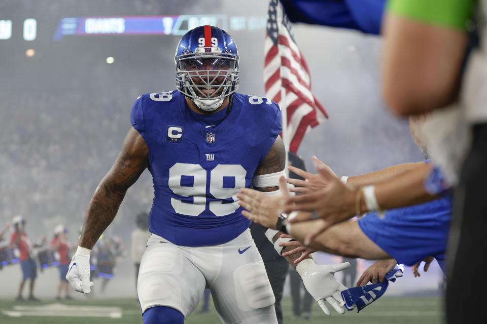 New York Giants' Leonard Williams arrives on the field before an NFL football game against the Dallas Cowboys, Sunday, Sept. 10, 2023, in East Rutherford, N.J. (AP Photo/Adam Hunger)