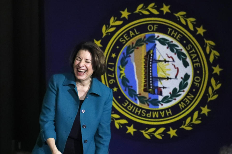 Sen. Amy Klobuchar, D-Minn., laughs as she speaks at a campaign event, Monday, Feb. 10, 2020, in Exeter, N.H. (Elise Amendola/AP)   