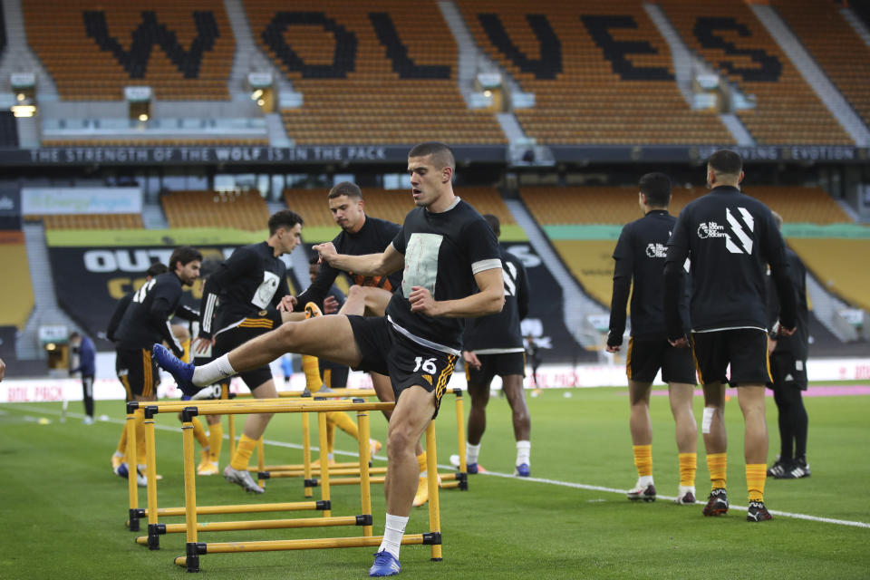 Wolverhampton Wanderers' Conor Coady during the English Premier League soccer match between Wolves and Newcastle United at Molineux Stadium in Wolverhampton, England, Sunday, Oct. 25, 2020. (Nick Potts/Pool Photo via AP)