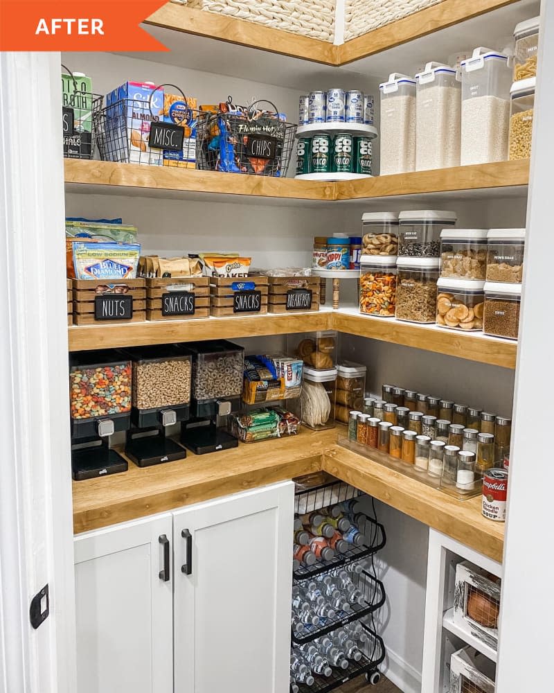 After:: pantry with wooden shelves and food in marked containers