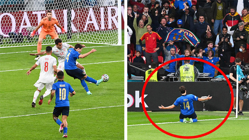 Frederico Chiesa (pictured left) scored a wonderful curling effort against the run of play to hand Italy the lead against Spain. (Getty Images)