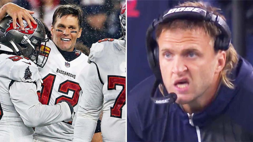 Steve Belichick (pictured right) on the sidelines and (pictured left) Tom Brady embracing his teammates.
