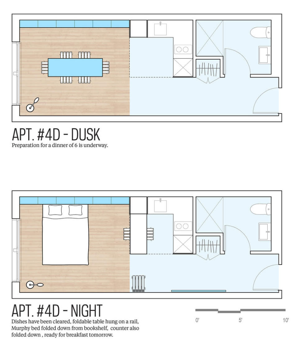 A floor plan showing a Murphy bed with room for entertaining.