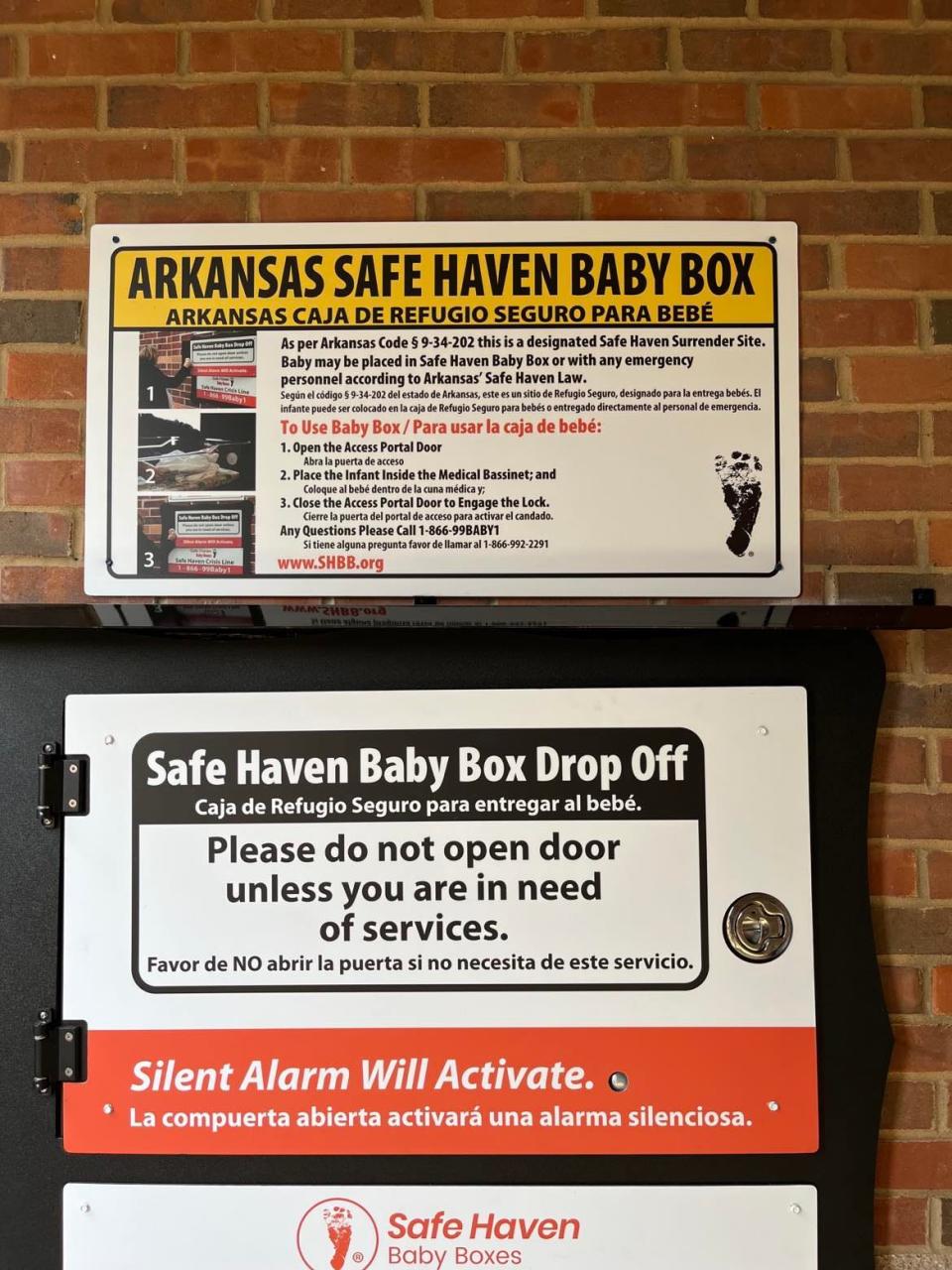 The front of a new baby box is pictured at the Siloam Springs Fire Department Tuesday, July 25, 2023 available for mothers in distress who can anonymously surrender a baby up to 30 days old.