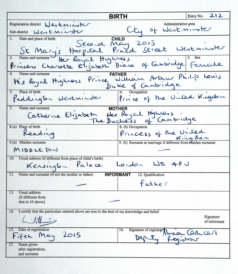 Photo by: KGC-375/STAR MAX/IPx 5/5/15 The birth certificate of Princess Charlotte of Cambridge which was signed by her father, Prince William The Duke of Cambridge at Kensington Palace today and witnessed by a Registrar from Westminster Register Office. (London, England, UK)