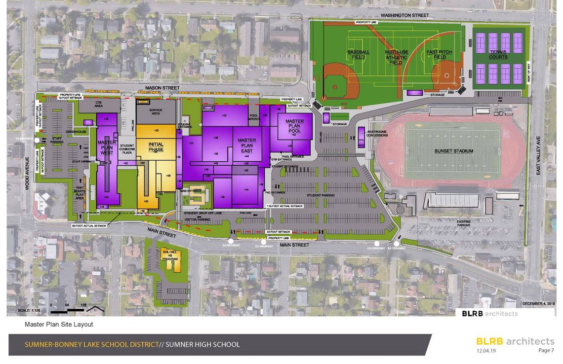 Sumner-Bonney Lake School District’s master plan for Sumner High School includes two phases. Courtesy of BLRB Architects