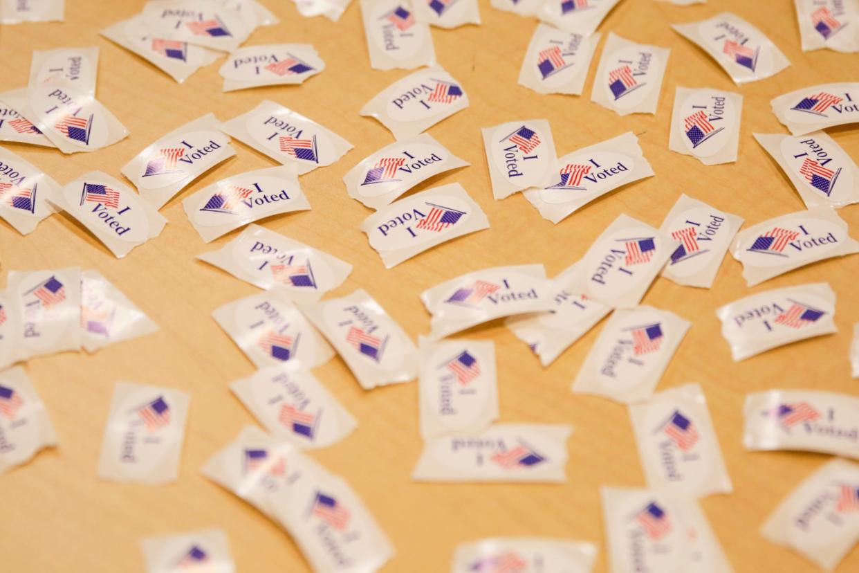 "I Voted" stickers lay on a table at Faith East Community Center, Tuesday, Nov. 3, 2020 in Lafayette.