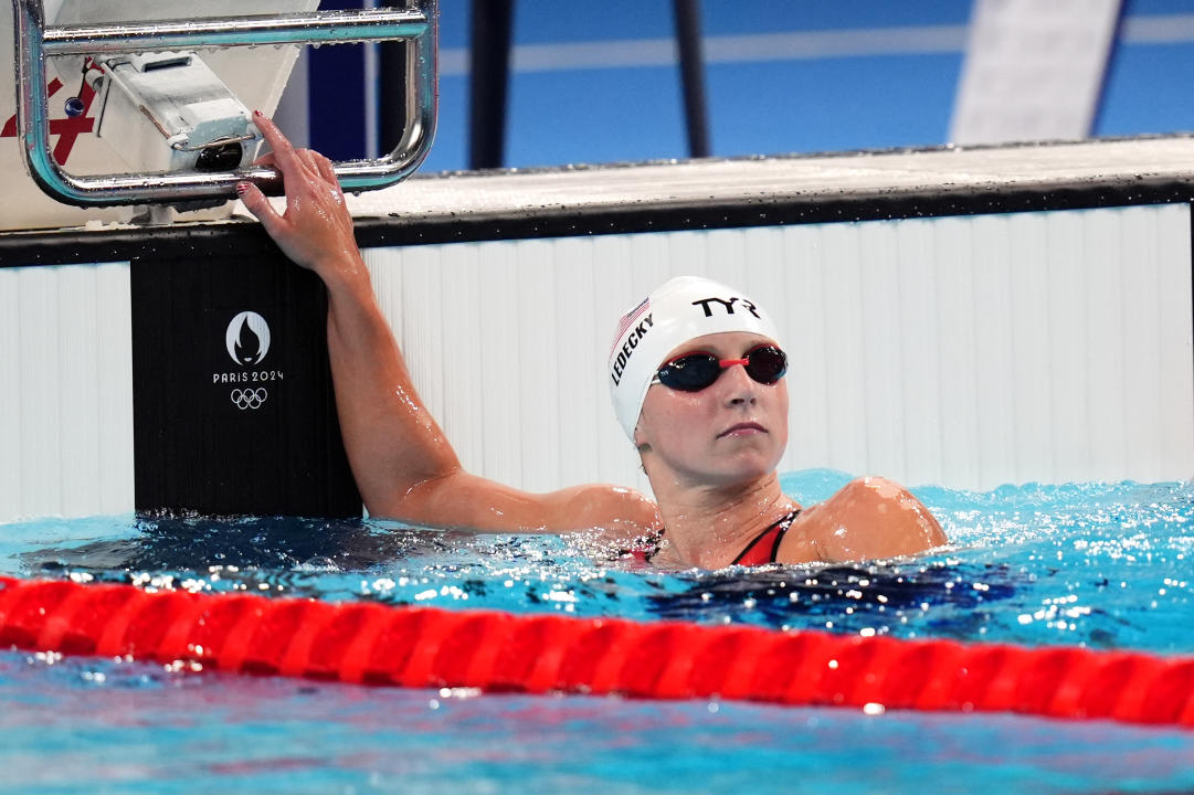 American Katie Ledecky after the women's 1500m freestyle at the Paris La Defense Arena on the fourth day of the 2024 Paris Olympics in France. Date of photo: Tuesday, July 30, 2024. (Photo by John Walton/PA Images via Getty Images)