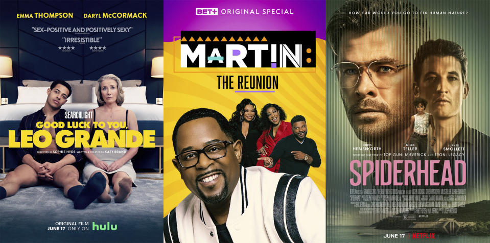 This combination of photos shows promotional art for, "Good Luck to You, Leo Grande," a film premiering June 17 on Hulu, left, "Martin: The Reunion," debuting June 16 on BET+, center, and "Spiderhead," a Netflix film premiering June 17. (Hulu/BET+/Netflix via AP)