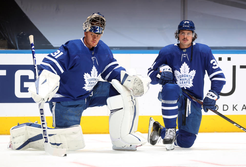 TORONTO, ONTARIO - AUGUST 09: Goaltender Frederik Andersen #31 and Auston Matthews #34 of the Toronto Maple Leafs attend warm ups before playing in Game Five of the Eastern Conference Qualification Round against the Columbus Blue Jackets at Scotiabank Arena on August 09, 2020 in Toronto, Ontario. (Photo by Chase Agnello-Dean/NHLI via Getty Images)