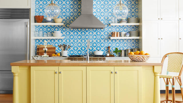 yellow open shelving kitchen design