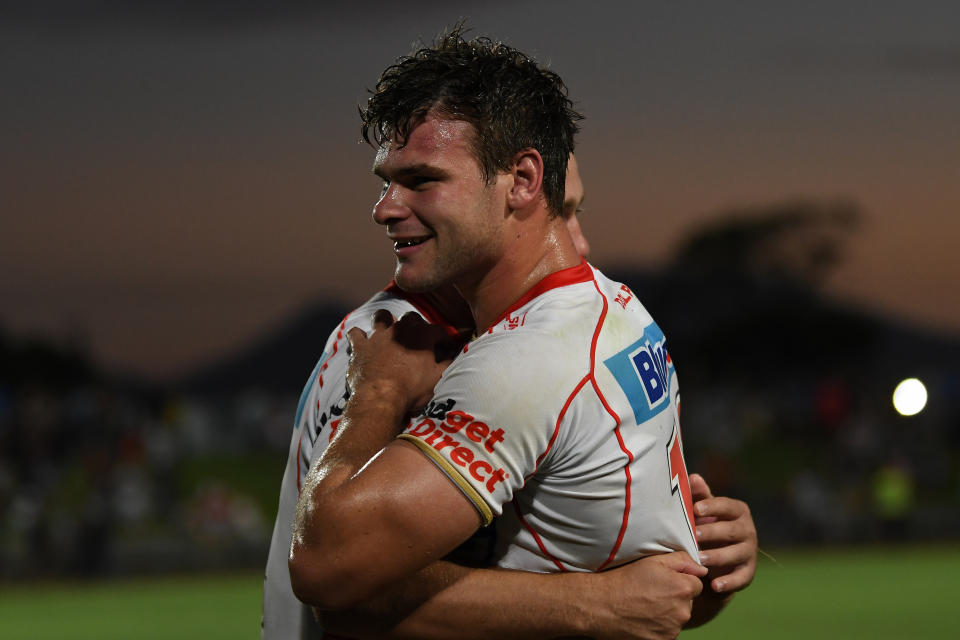 CAIRNS, AUSTRALIA - FEBRUARY 12: Lachlan Hubner of the Dolphins congratulates a team mate after the NRL Trial Match between North Queensland Cowboys and Dolphins at Barlow Park on February 12, 2023 in Cairns, Australia. (Photo by Emily Barker/Getty Images)