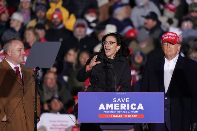 Katie Arrington, center, speaks at a Trump rally in South Carolina as former President Donald Trump looks on. She is running as a conservative who is more loyal to Trump than Mace. (Photo: Sean Rayford /Getty Images)