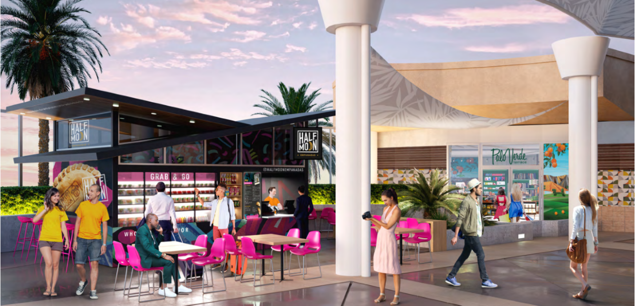 A rendering showing a planned Half Moon Empanadas stand at Palm Springs International Airport.
