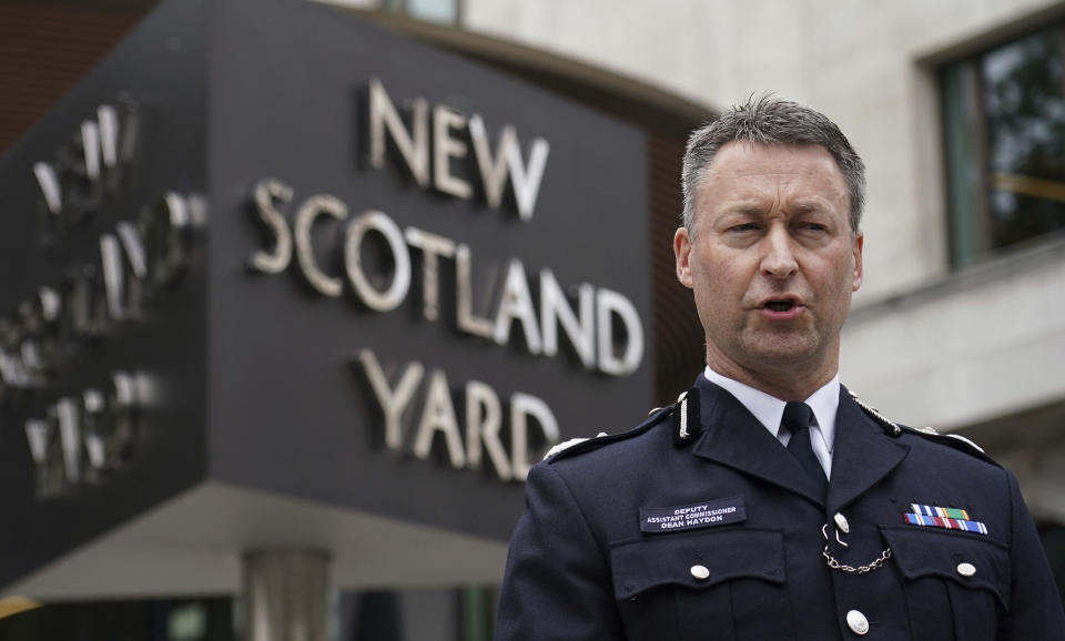 Dean Haydon, Deputy Assistant Commissioner for Specialist Operations speaks to journalist outside New Scotland Yard, London, Friday, Aug. 20, 2021 following the conclusion of the inquest of Streatham terror attacker Sudesh Amman. A jury in London has concluded that a terror attack in the south of the city last year could have been prevented had the perpetrator been recalled to prison after he bought items that were used in a fake suicide belt. Twenty-year-old Sudesh Amman was shot dead by armed undercover officers after he stole a knife from a hardware shop and randomly stabbed a man and a woman in Streatham on Feb. 2, 2020, before turning to charge at the two armed police officers who gave chase. (Dominic Lipinski/PA via AP)
