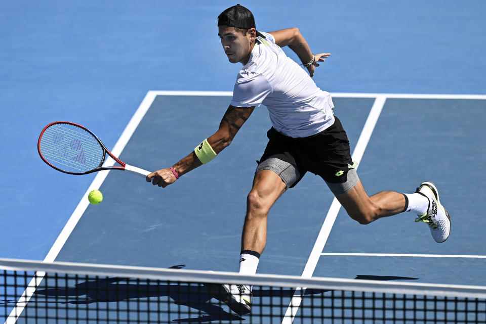Alejandro Tabilo of Chile plays a backhand return to Arthur Fils of France during their semifinal at the ASB Classic tennis tournament in Auckland, New Zealand. Friday Jan. 12, 2024. (Andrew Cornaga/Photosport via AP)