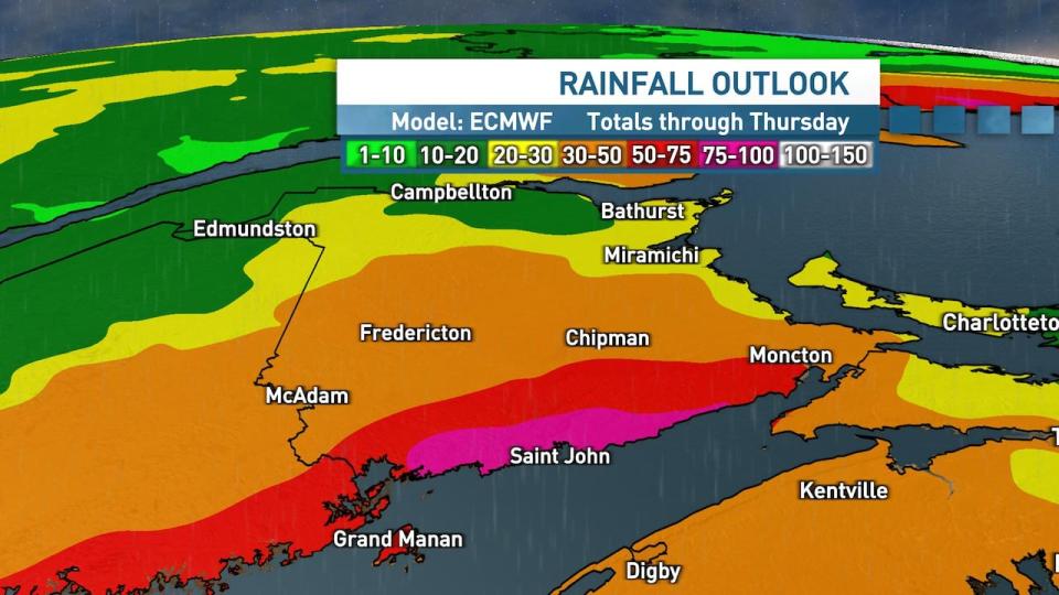 A map shows the rainfall totals for New Brunswick through until Thursday. Southern regions of the province will see the worst in terms of rainfall. 