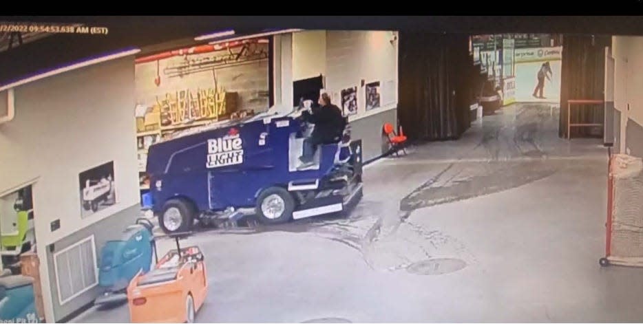 Security footage shows Red Wings Zamboni driver Al Sobotka entering the Zamboni garage at 9:54 a.m. on Feb. 2, 2022, at Little Caesars Arena, just moments before he urinated into an ice drain. An employee witnessed the incident, reported it. Sobotka was fired.