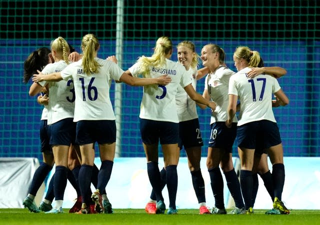 Frida Maanum, third right, and Norway celebrate their equaliser