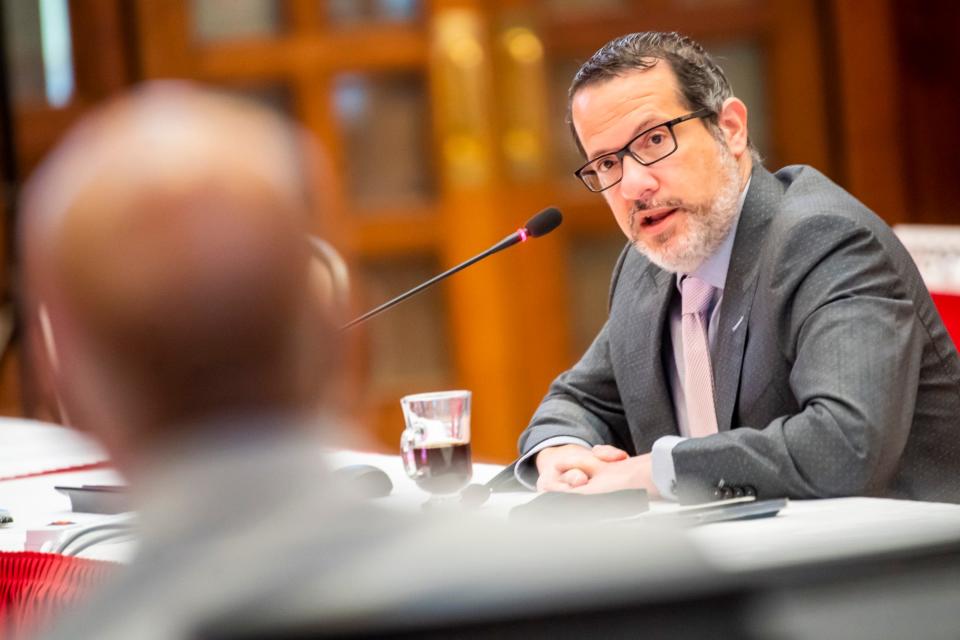 Indiana University's Chief Health Officer Dr. Aaron Carroll speaks during a IU board of trustees meeting in August 2021 at Alumni Hall.