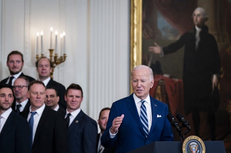 President Joe Biden speaks while hosting the Vegas Golden Knights to celebrate their 2023 Stanley Cup victory in the East Room of the White House in Washington on Monday. The Golden Knights won their first Stanley Cup by beating the Florida Panthers four games to one. Photo by Al Drago/UPI