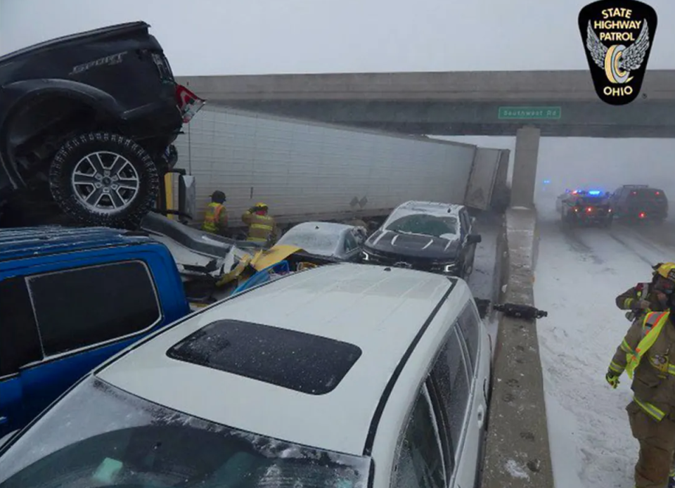 Four people died in a 46-vehicle pileup on the Ohio turnpike on Friday in freezing, whiteout conditions (Ohio State Highway Patrol)