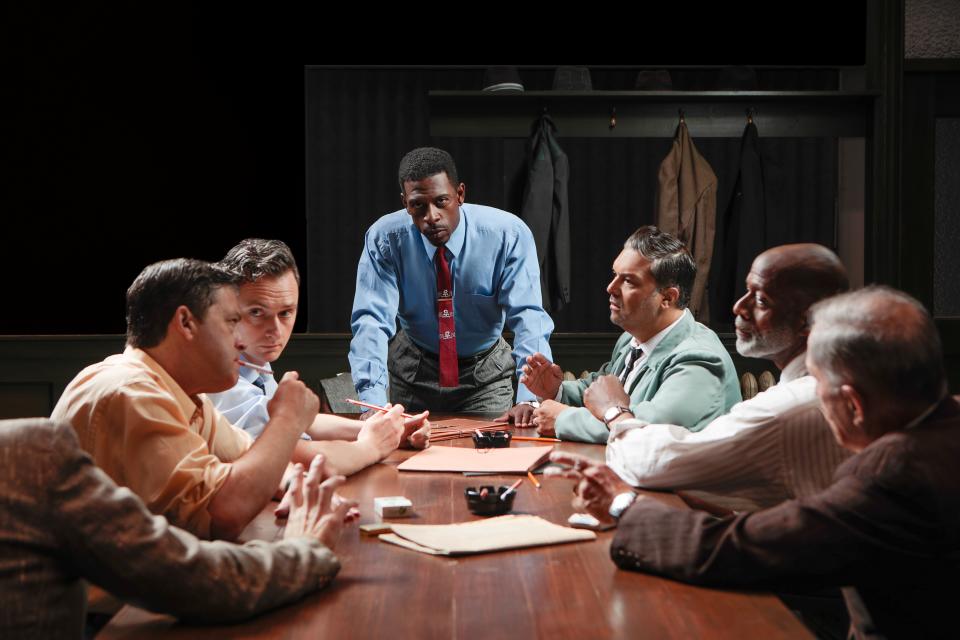 From left, Charlie Clark, Riley McNutt, Curtis Bannister, Adán Varela, Marc Cedric Smith and James Michael Detmar play jury members in the Asolo Repertory Theatre production of “Twelve Angry Men: A New Musical.”