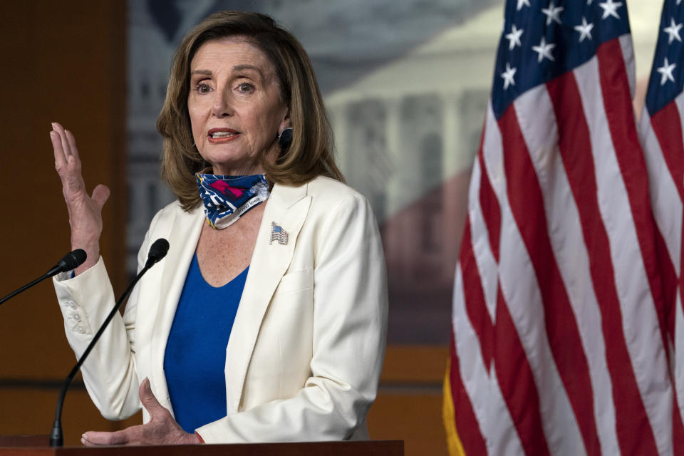 House Speaker Nancy Pelosi of Calif., speaks during a weekly news conference, Thursday, Oct. 1, 2020, on Capitol Hill in Washington. (AP Photo/Jacquelyn Martin)