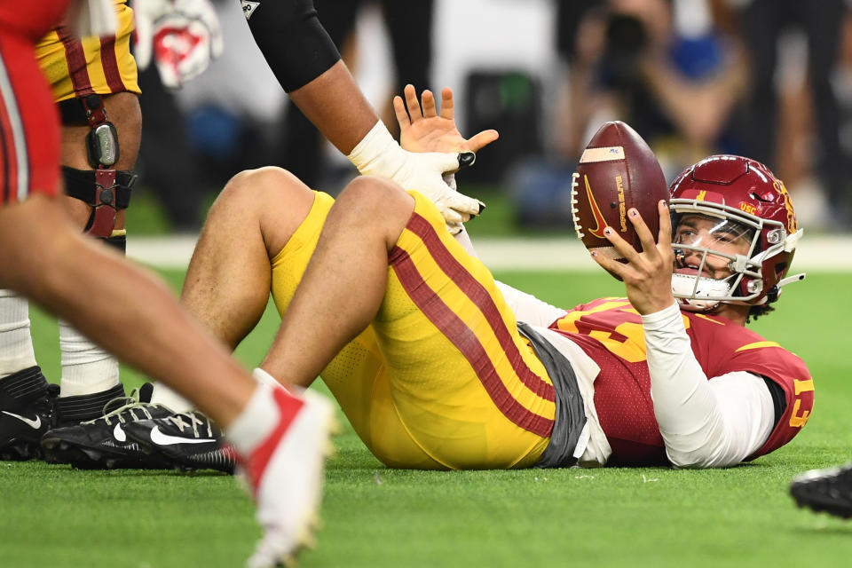 Caleb Williams was the Heisman Trophy favorite, but couldn't save USC against Utah in the Pac-12 championship game. (Photo by Brian Rothmuller/Icon Sportswire via Getty Images)