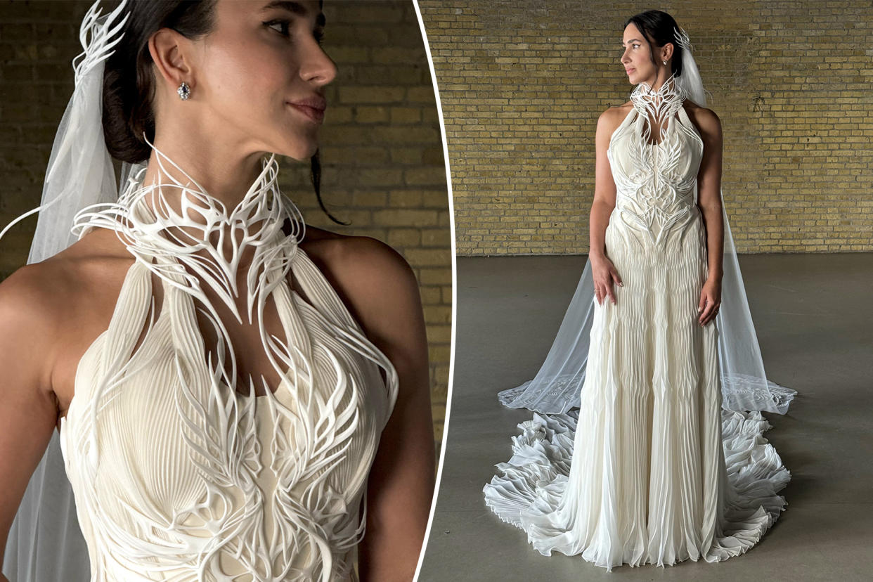 Brazilian lawyer Mariana Pavani wearing a first-of-its-kind 3D printed wedding dress designed by Iris van Herpen