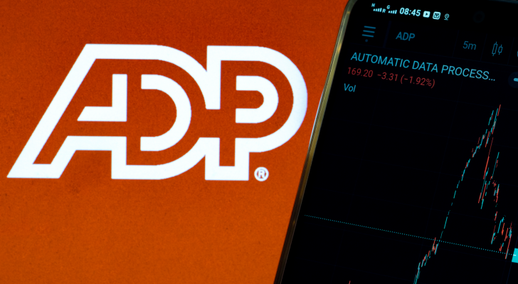 In this photo illustration the stock market information of Automatic Data Processing, Inc. displays on a smartphone with the logo of Automatic Data Processing, Inc. ADP stock.