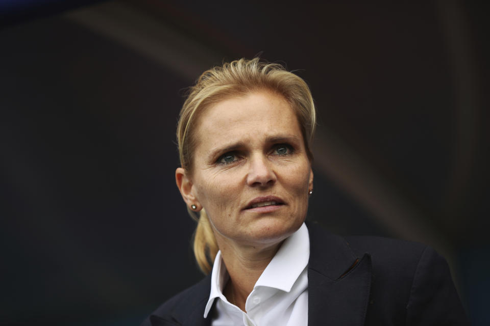 Netherlands coach Sarina Wiegman appears before the Women's World Cup Group E soccer match between the Netherlands and Canada at Stade Auguste-Delaune in Reims, France, Thursday, June 20, 2019. (AP Photo/Francisco Seco)