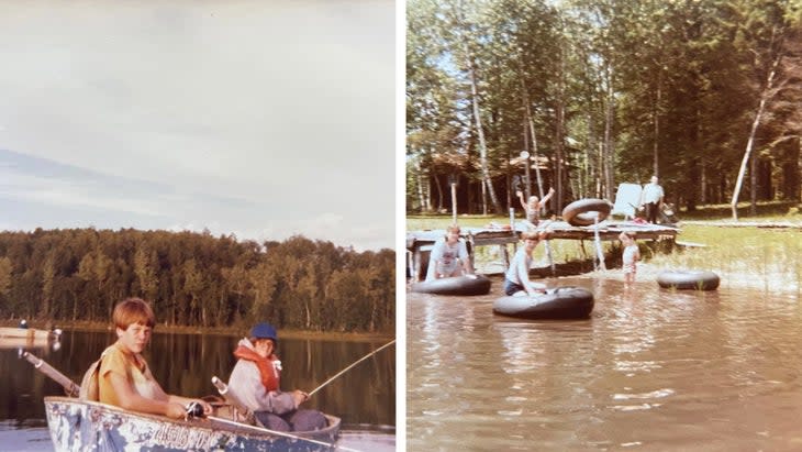 Nick and Laurie anticipating puberty in their fly barge; Nick, second from left, and family collecting bait leeches