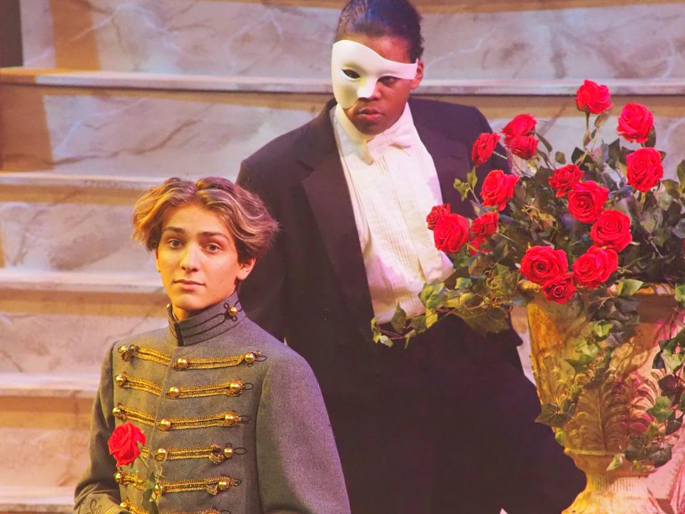 Charlie Flaherty, left, of Duxbury, and Gilbert Dabady, of Rockland, as Phantom, in The Company Theatre’s production of “The Phantom of the Opera,” which will run from Feb. 3-19.