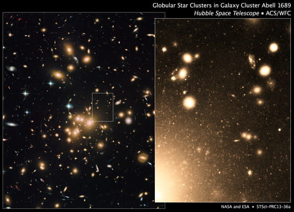 Hubble Space Telescope image of the largest known population of globular clusters, in the Abell 1689 galaxy grouping.