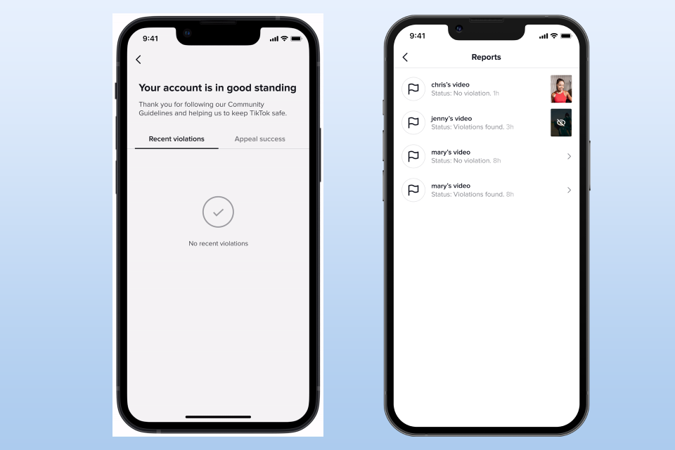 Screenshots of TikTok's new features for tracking account strikes and user reports.