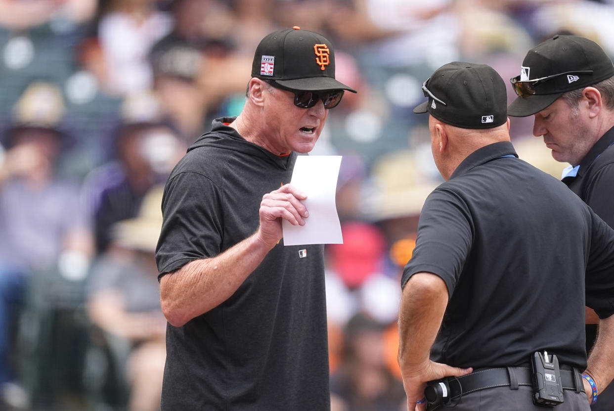 Bob Melvin didn't get past submitting his lineup to give umpires an earful. (AP Photo/David Zalubowski)