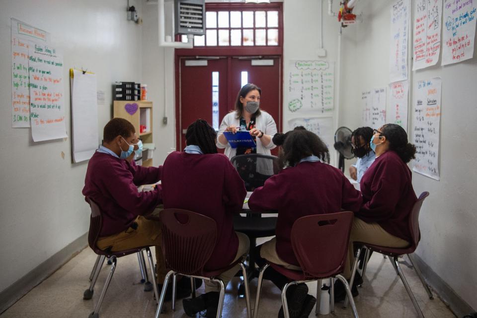 Kristen Banhart teaches her seventh grade class in a small group setting at Nashville Classical Charter School in on Feb. 25, 2022.