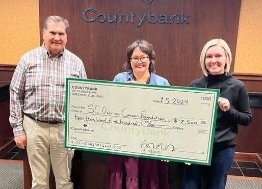 From left, Ken Harper, Chief Banking Officer, Countybank; Crystal Peterson, Treasury Services Administrator, Countybank; and Stephanie Rudisill Henkin, Executive Director, Executive Director, S.C. Ovarian Cancer Foundation.