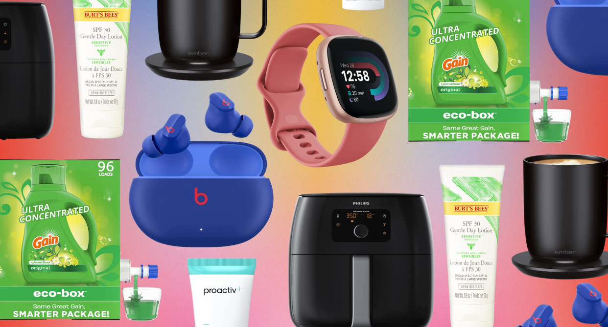 collage of amazon canada deals, beats earbuds, gain laundry detergent, proactive skincare, burt's bees, heated coffee mug, fitbit watch