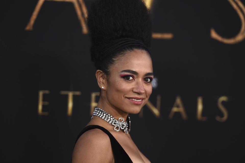 Lauren Ridloff wears a diamond choker necklace at the "Eternals" premiere.