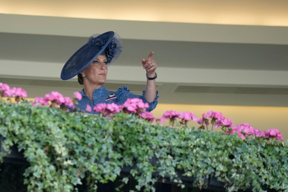 Britain's Sophie, Countess of Wessex gestures from the Royal Box on the second day of the Royal Ascot horserace meeting.