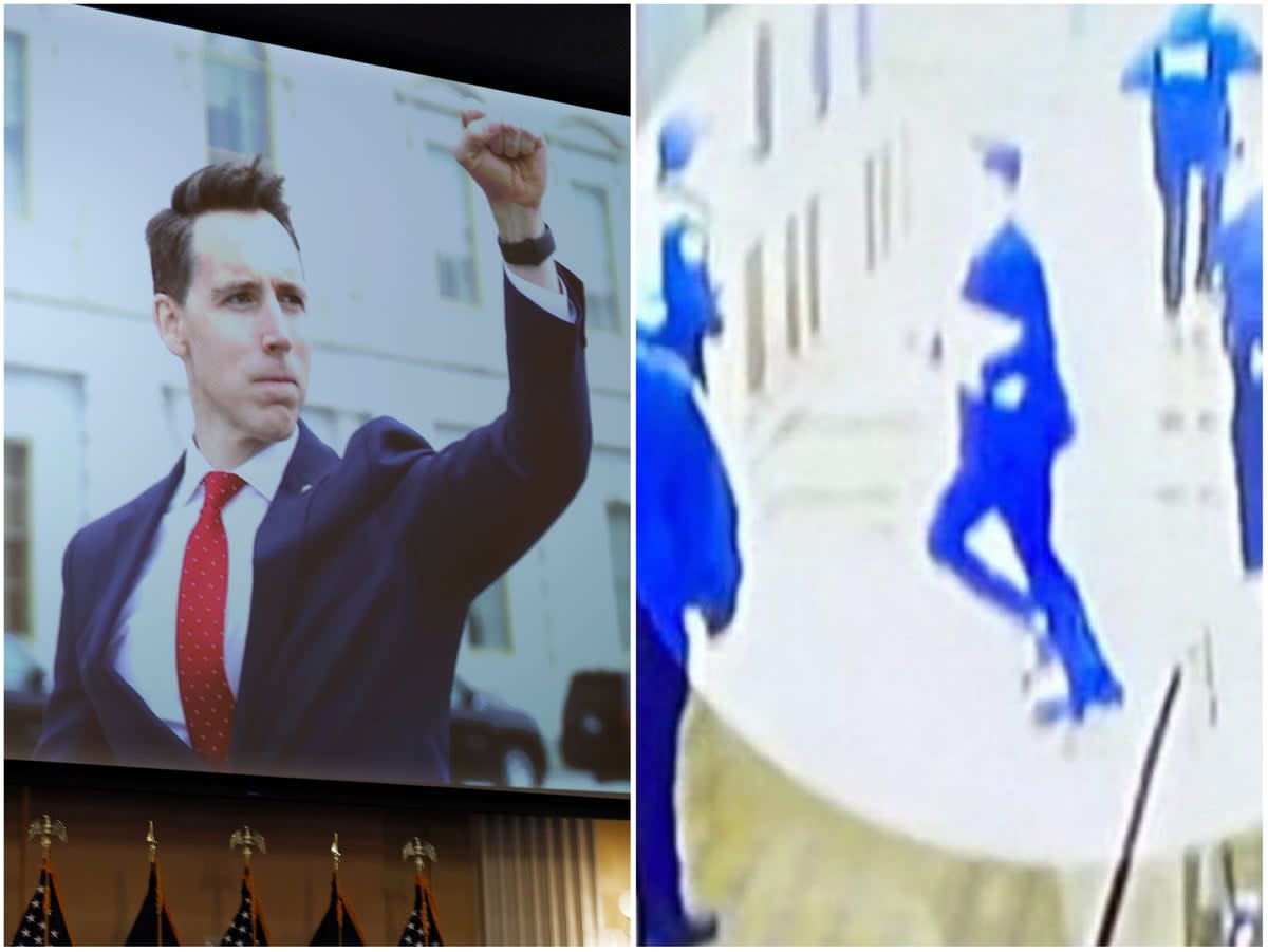 Josh Hawley raised his fist in support of the rioters he would later be forced to flee as they lay siege to the US Capitol on January 6 2021 (Getty / January 6 Committee)