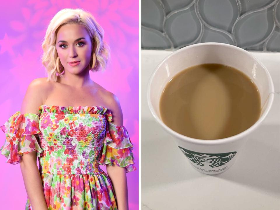 A photo of Katy Perry; a Starbucks vanilla latte.