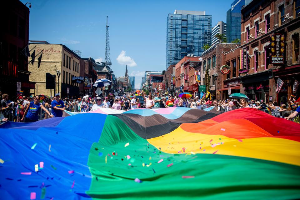 People march in the 2024 Pride parade downtown on Broadway in Nashville , Tenn., Saturday, June 22, 2024.