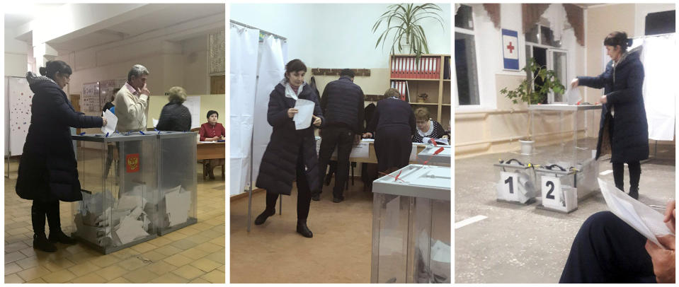 <p>A combination picture shows a voter, casting a ballot at polling station number 216 (L), walking before casting a ballot at a polling station 217 (C) and casting a ballot at a polling station number 215, during the presidential election in Ust-Djeguta, Russia March 18, 2018. The voter denied voting multiple times to a Reuters reporter and said it was a case of mistaken identity because seven people at her work have the same coat. (Reuters staff) </p>