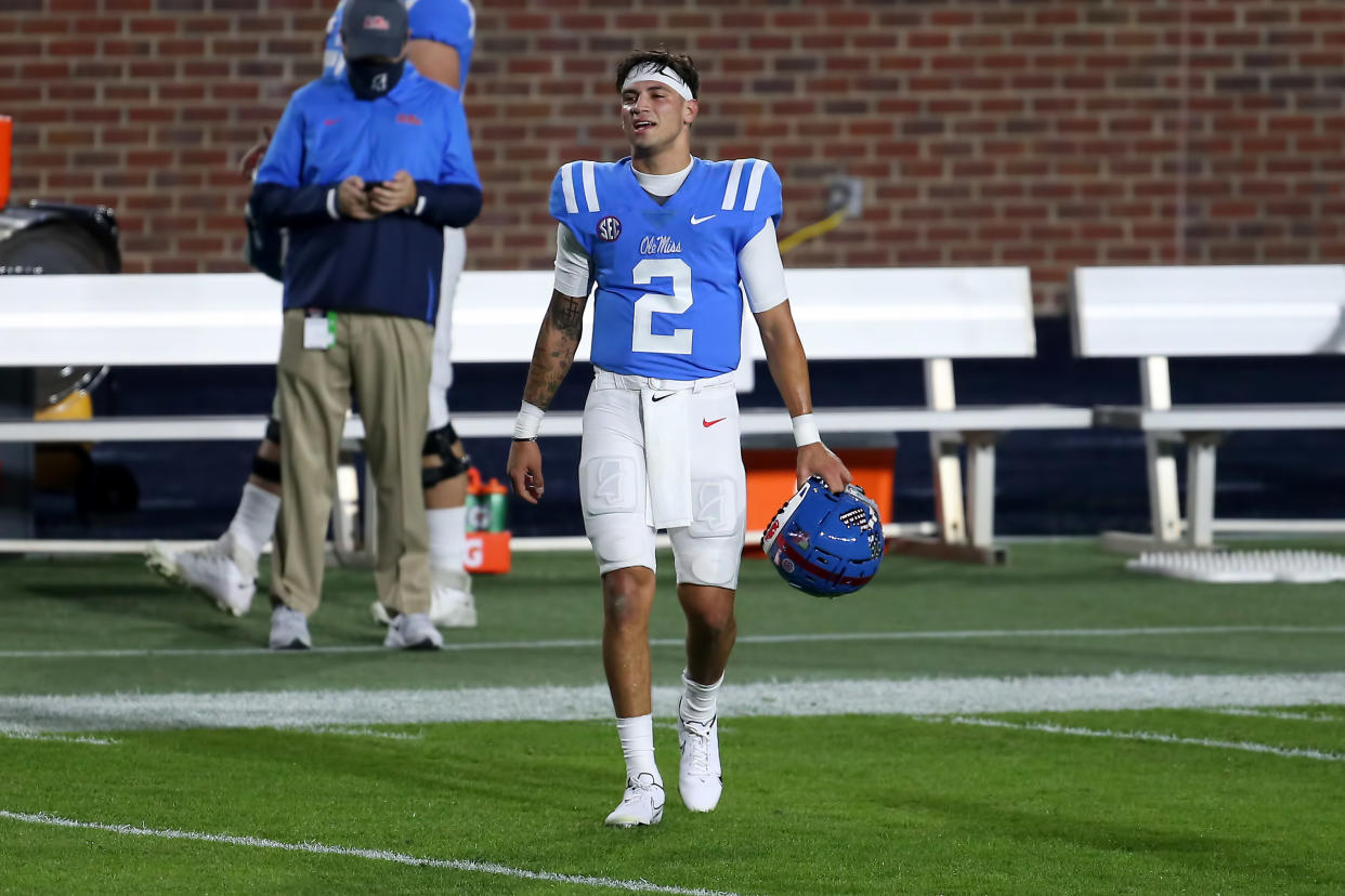 OXFORD, MS - NOVEMBER 14:  Ole Miss Rebels quarterback Matt Corral (2) awaits the start of the game between the Ole Miss Rebels and the South Carolina Gamecocks on November 14, 2020, at Vaught-Hemingway Stadium in Oxford, MS.  (Photo by Michael Wade/Icon Sportswire via Getty Images)