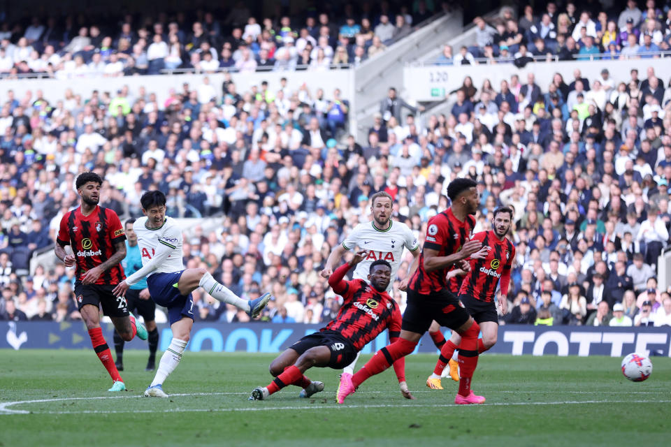 LONDON, ENGLAND - APRIL 15: Son Heung-Min of Tottenham Hotspur shoots during the Premier League match between Tottenham Hotspur and AFC Bournemouth at Tottenham Hotspur Stadium on April 15, 2023 in London, England. (Photo by Tottenham Hotspur FC/Tottenham Hotspur FC via Getty Images)