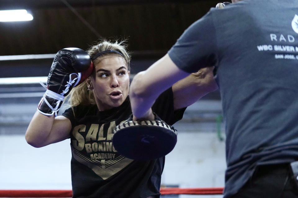 Maricela Cornejo works in the ring, Tuesday, May 30, 2023, in Detroit. The top-ranked contender will box Claressa Shields, the undisputed middleweight champion on Saturday. (AP Photo/Carlos Osorio)