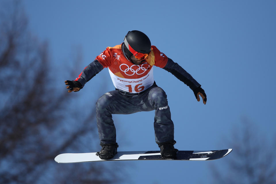 Markus Schairer during the men’s snowboard cross quarterfinals at the 2018 Olympics, before his crash. (Getty)